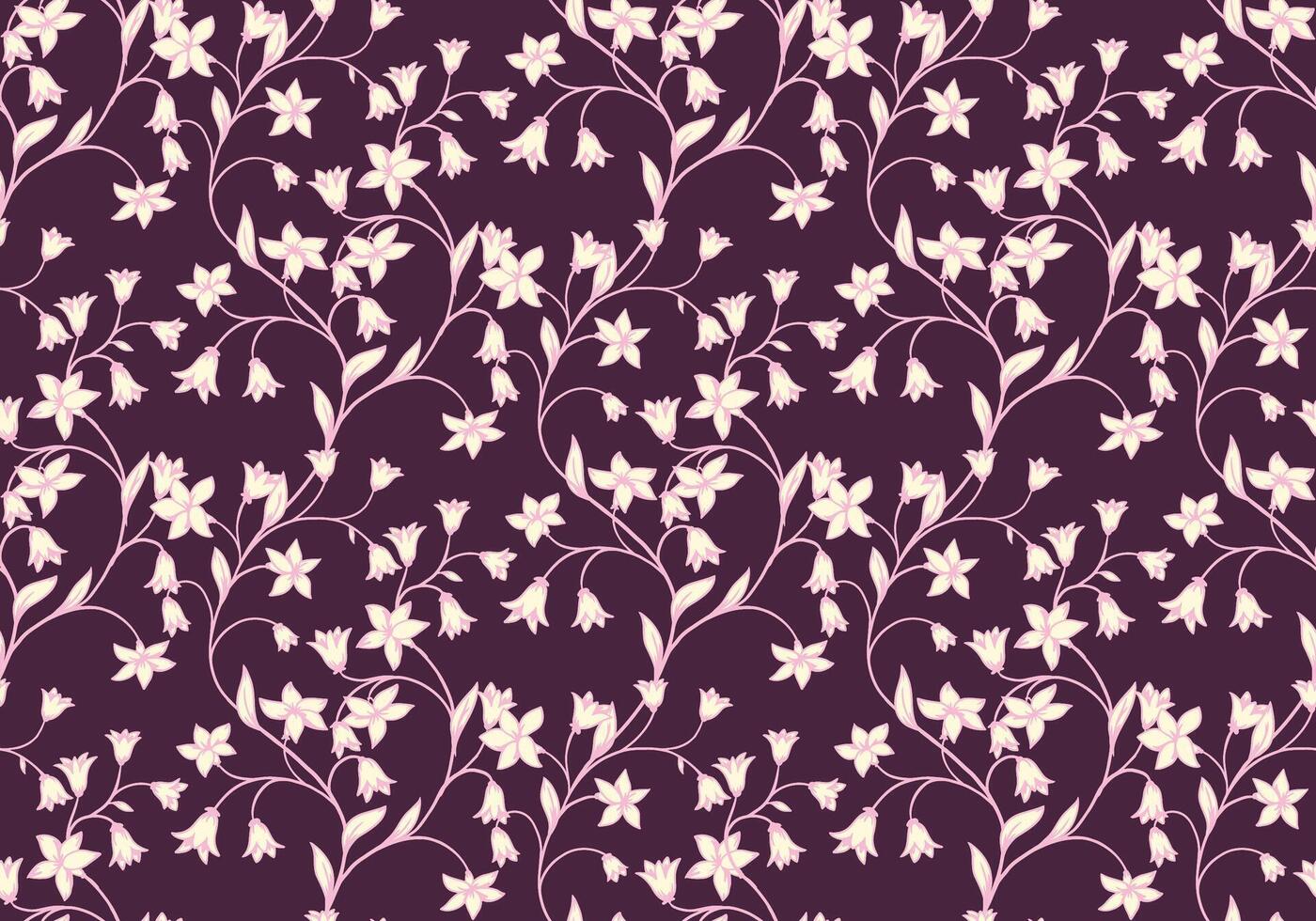 Burgundy seamless pattern with abstract artistic branches with tiny ditsy flowers, bells, small leaves. hand drawing. Creative curved wild floral stems printing. Template for designs vector