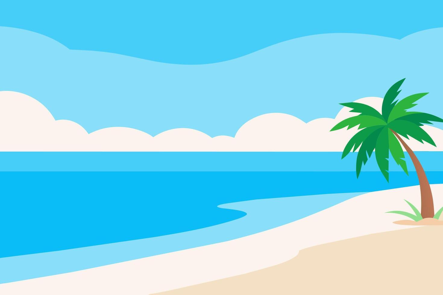 Tropical beach landscape with palm trees and ocean view. Serene coastal scene. Concept of travel, summer vacation, and peaceful beaches. Graphic illustration vector