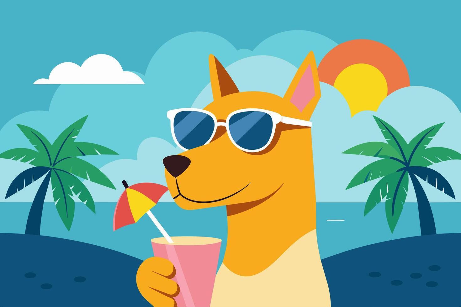 Happy dog with sunglasses with tropical cocktail. Cheerful pet in a summer beach setting. Concept of summer fun, pet leisure, vacation vibes, refreshing drinks. Print. Design. Graphic illustration vector