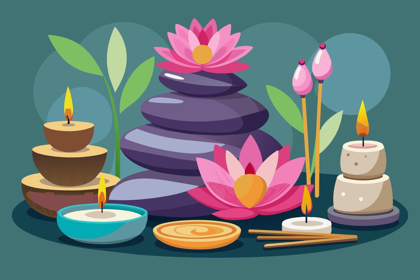Zen spa arrangement with stacked stones, candles, and lotus flowers. Peaceful spa setting illustration. Concept of relaxation, meditation, spa decor, tranquil environment. Graphic art vector