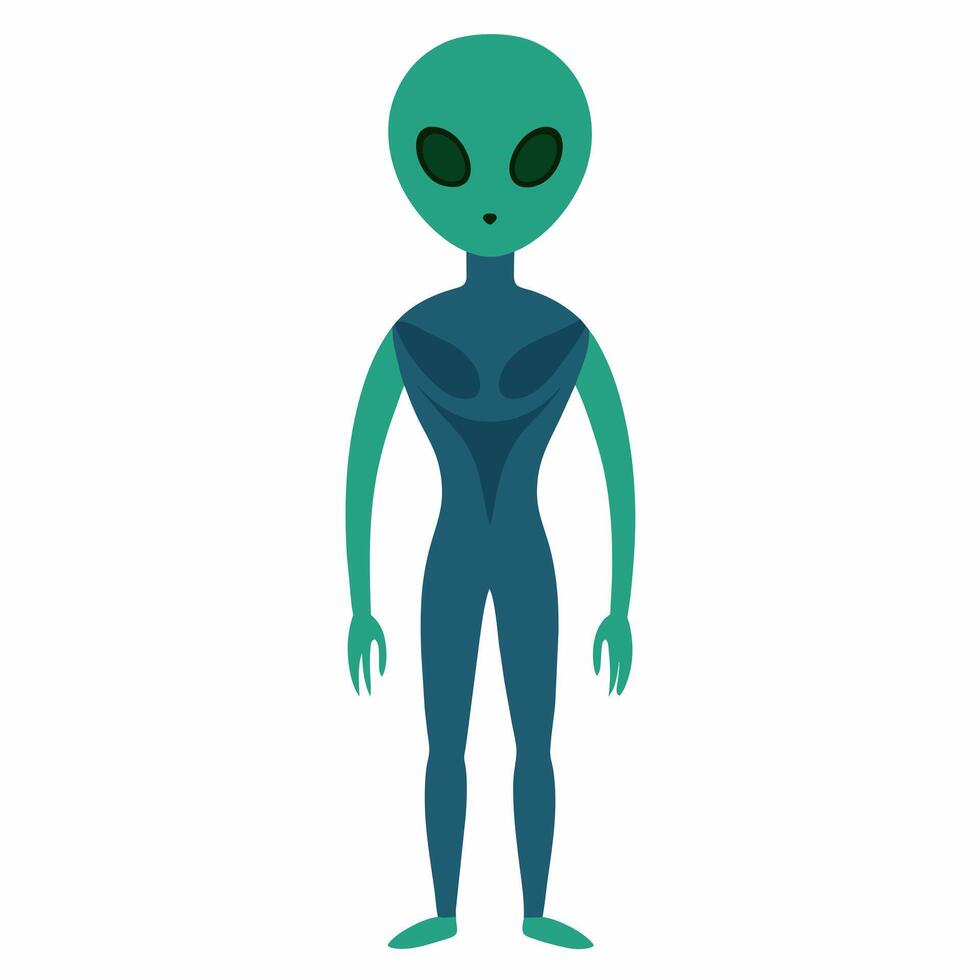 Simple green alien with large eyes isolated on white background. Extraterrestrial being. Minimalistic graphic art. Concept of extraterrestrial life, sci-fi design, space character vector