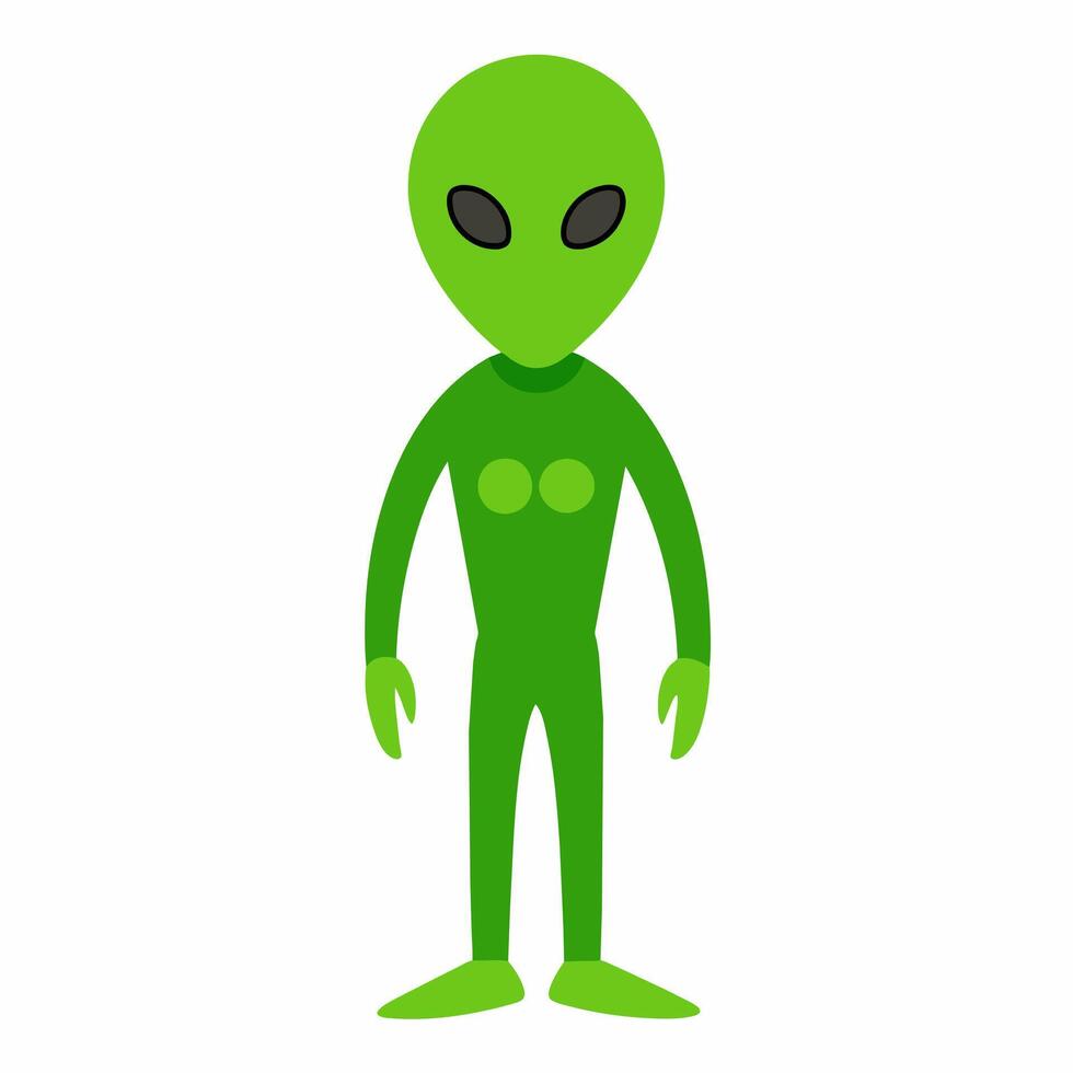 Simple green alien with large eyes isolated on white background. Extraterrestrial being. Minimalistic graphic art. Concept of extraterrestrial life, sci-fi design, space character vector