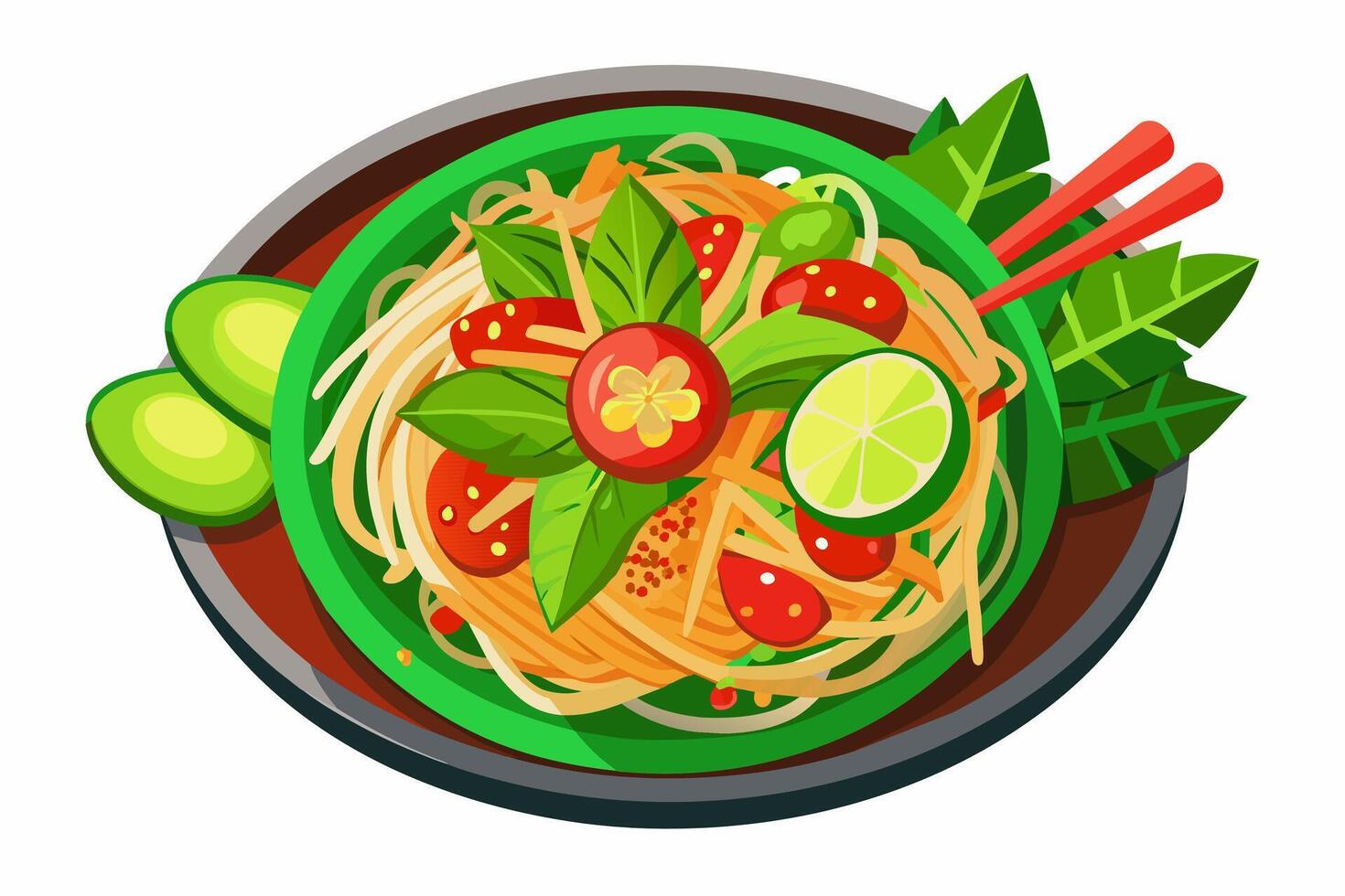 Thai Som Tum with fresh shrimp in a bowl. Thai salad. Concept of authentic Asian cuisine, traditional dish. Graphic illustration. Isolated on white surface vector