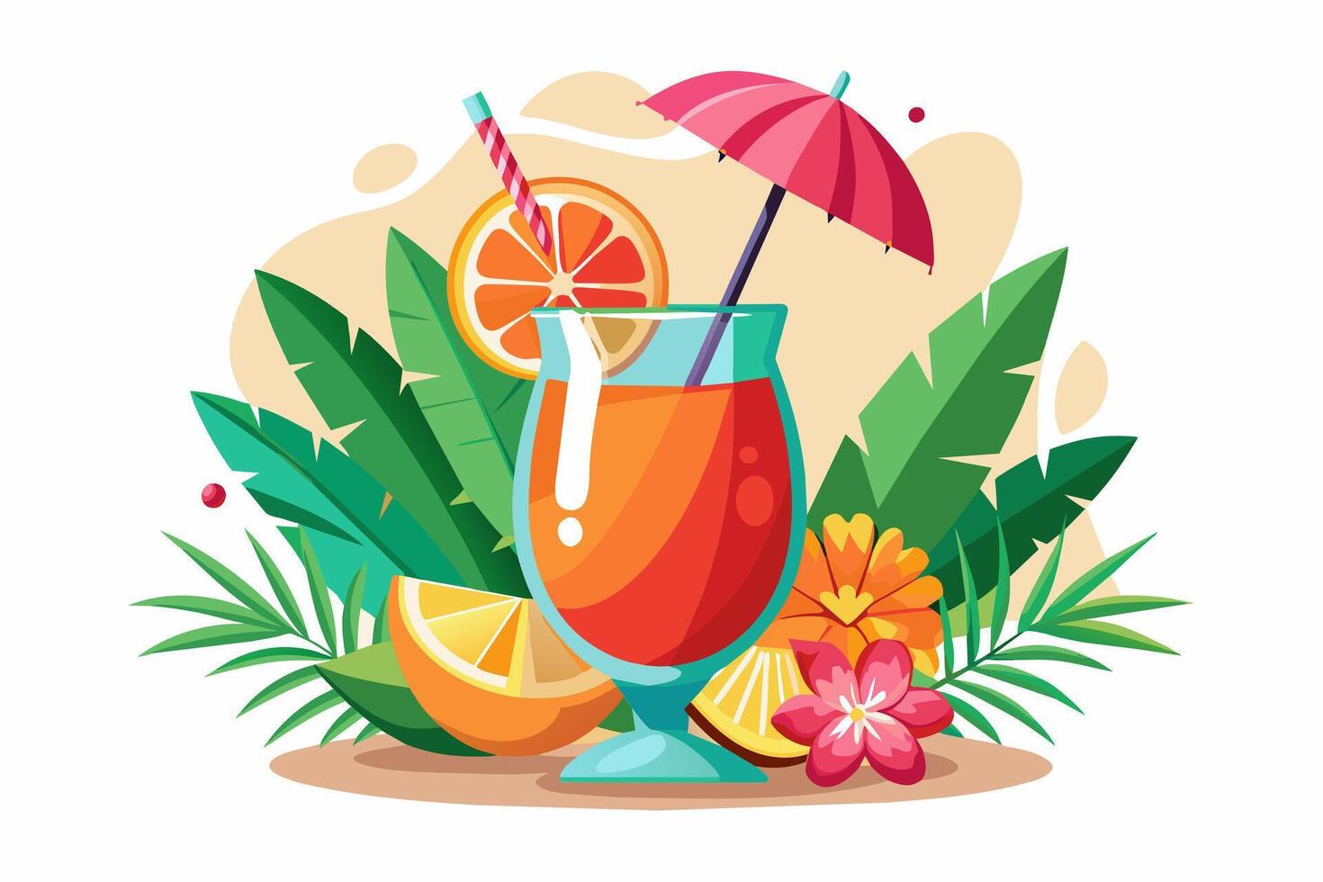 Refreshing tropical cocktail isolated on white surface Vibrant fruit drink in floral setting. Concept of summer drinks, exotic beverages, leisure. Design element. Print. Graphic illustration. vector