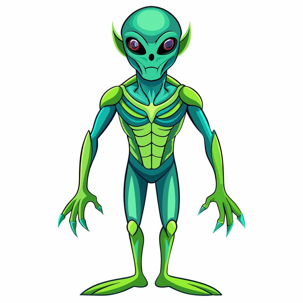 Green alien with large eyes isolated on white background. Extraterrestrial being. Minimalistic graphic art. Concept of extraterrestrial life, sci-fi design, space character vector