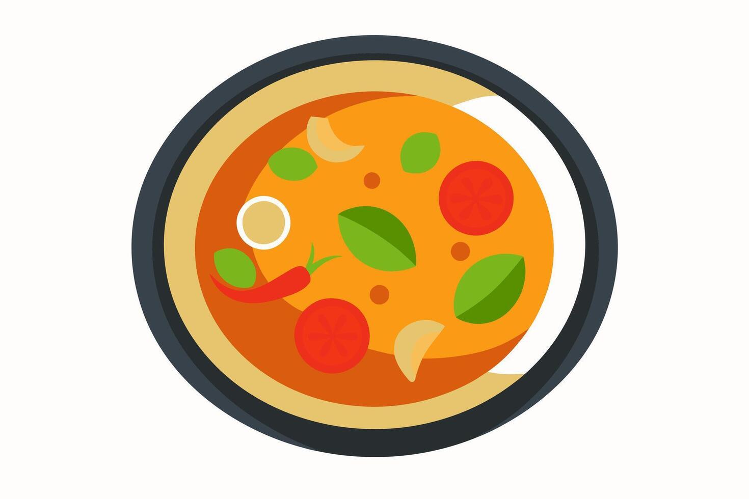 Thai Tom Yum soup with prawns, mushrooms, fresh herbs. Aromatic spicy broth. Concept Asian culinary, Thai cuisine, exotic dining, traditional dish. Graphic illustration. Isolated on white vector