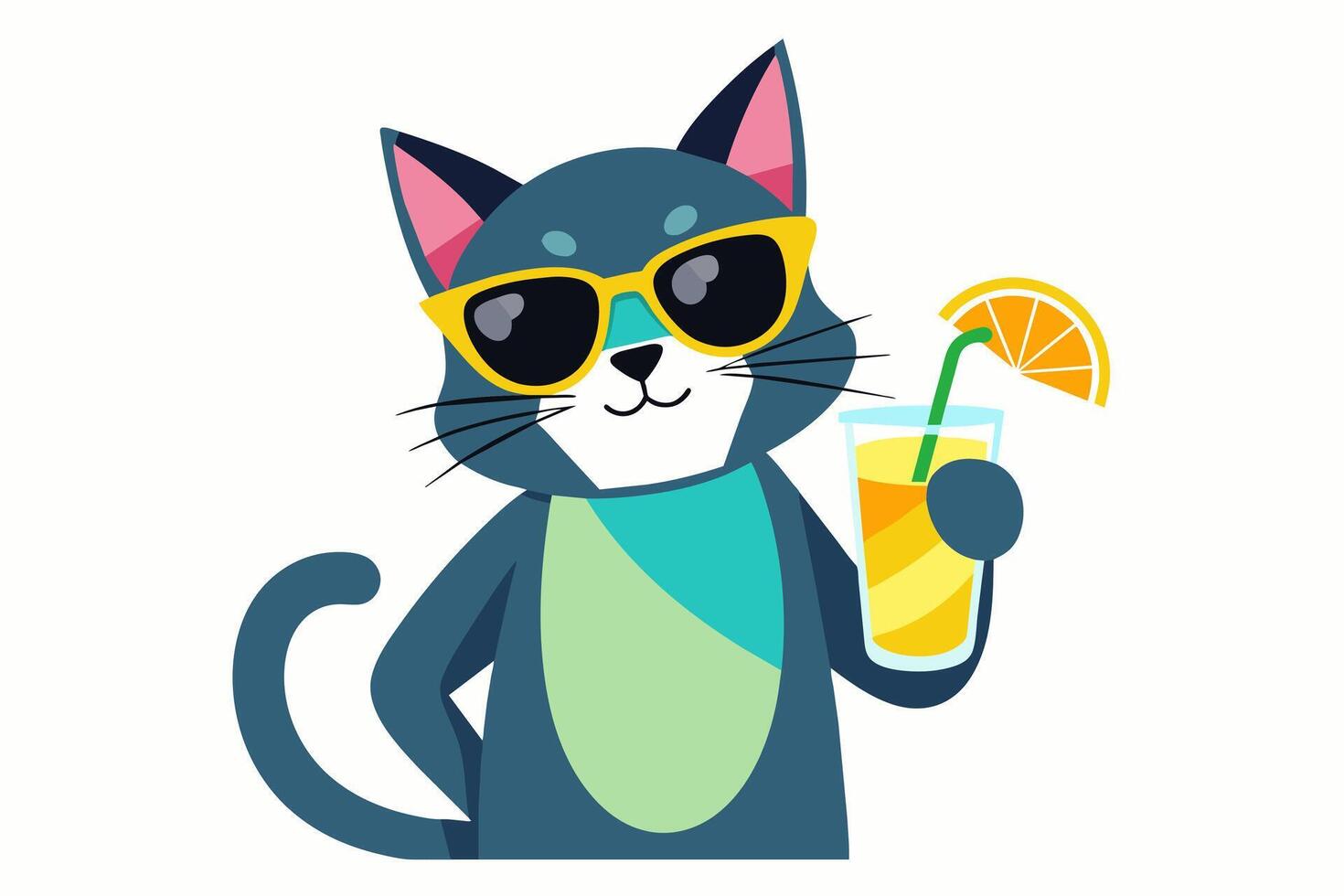 Cat in sunglasses enjoying fruit cocktail. Isolated on white backdrop. Smiling Feline with soft drink. Concept of summer vibes, exotic beverage, vacation. Print. Design element. Graphic art vector