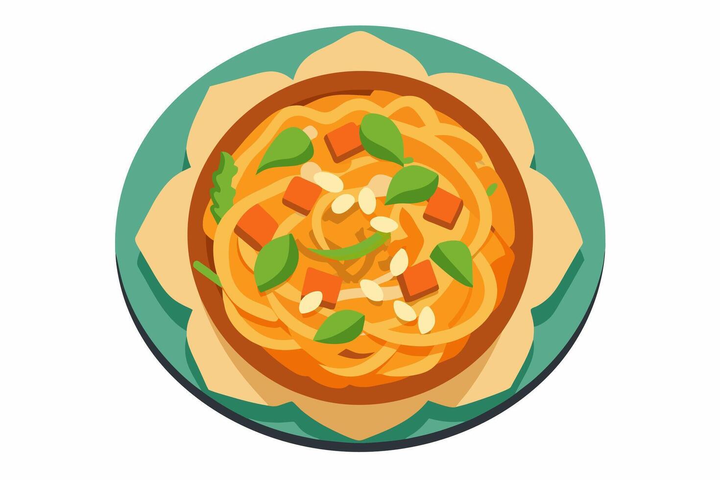 Pad Thai with tofu, noodles, and vegetables in a bowl. Traditional Thai dish. Concept of healthy eating, vegetarian cuisine, Asian culinary tradition. Graphic illustration isolated on white background vector
