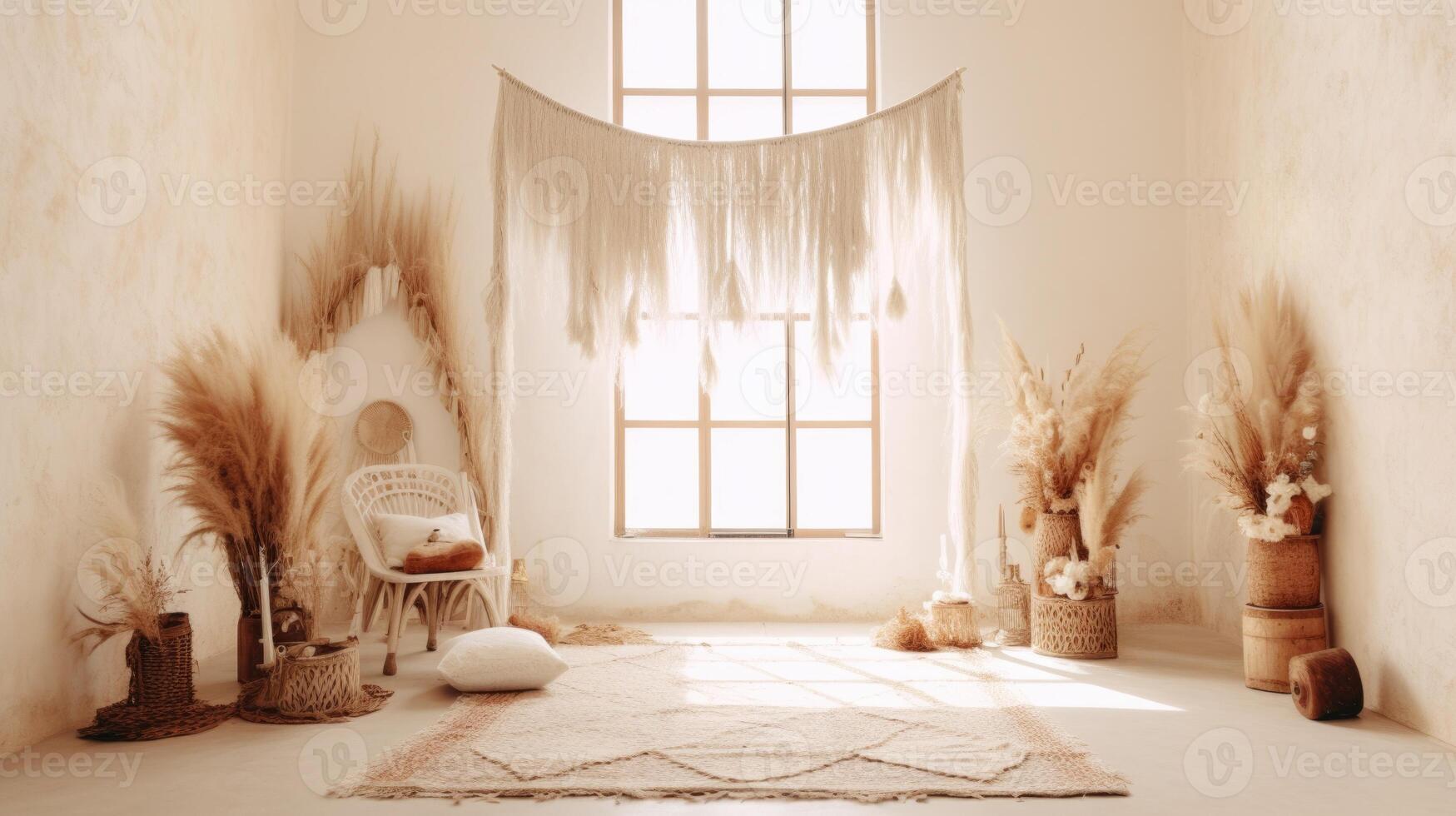 boho wedding indoor macrame rug arch room, ai photo