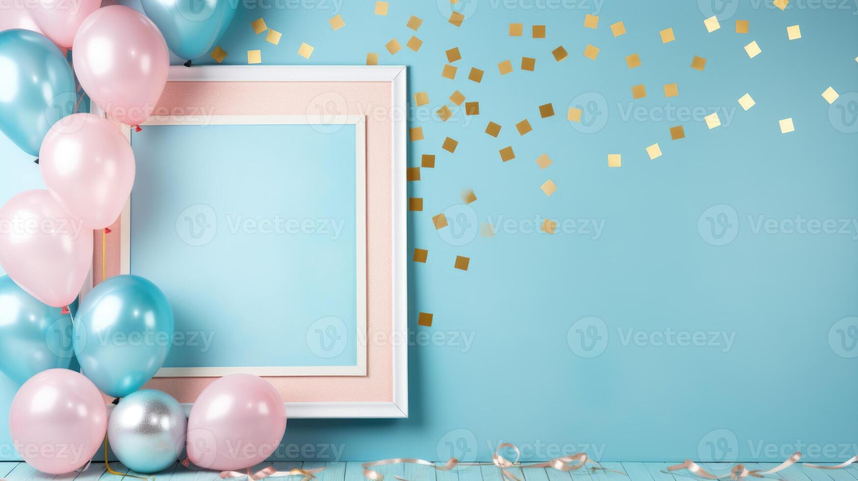 gender reveal birthday party frame blue and pink balloons, ai photo