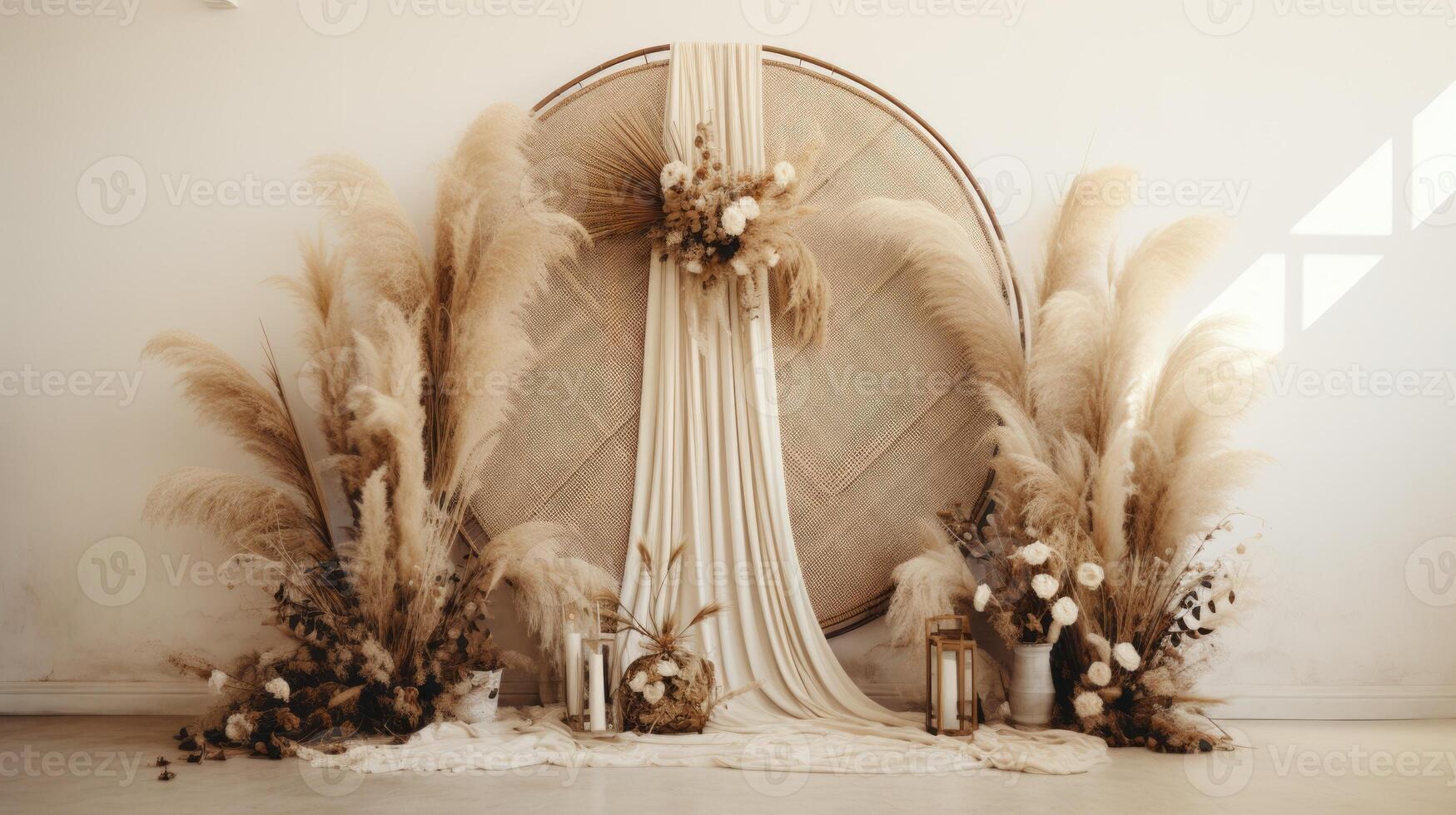 boho wedding indoor macrame rug arch room, ai photo