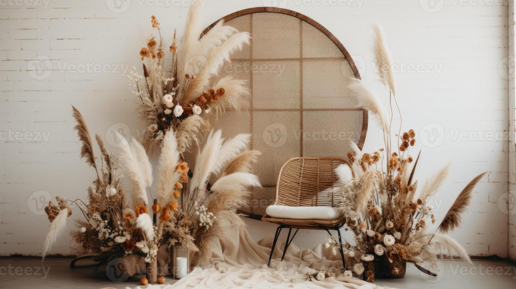 boho wedding indoor macrame rug arch room, ai photo