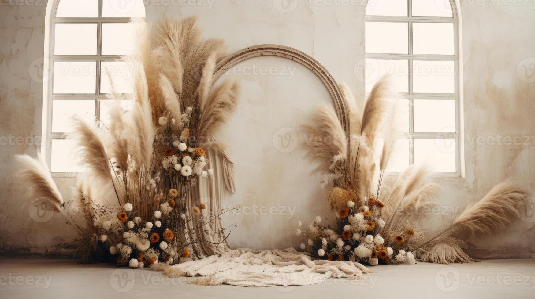 boho wedding indoor macrame rug arch room, ai photo