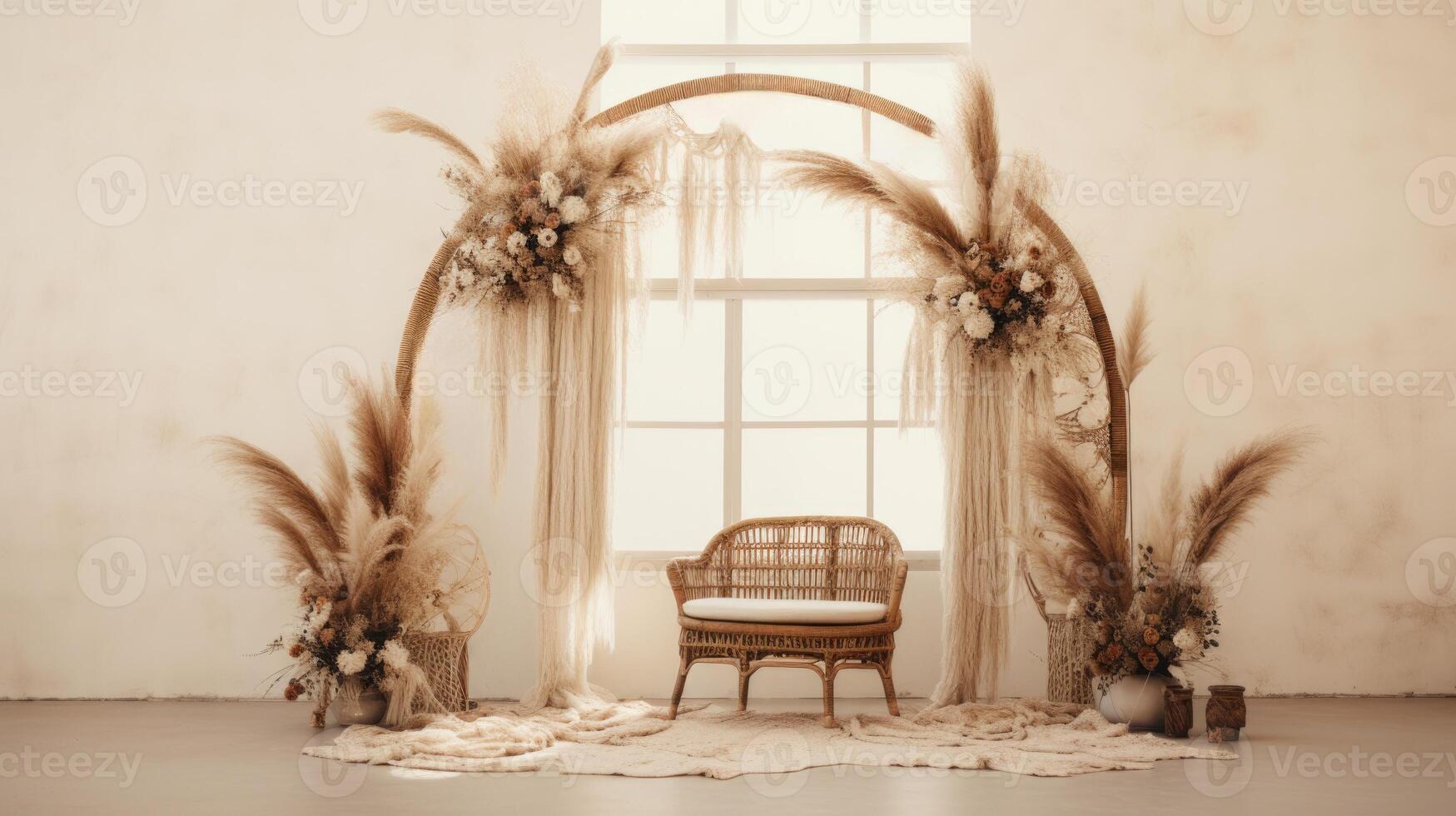 boho wedding indoor macrame rug arch room, ai photo
