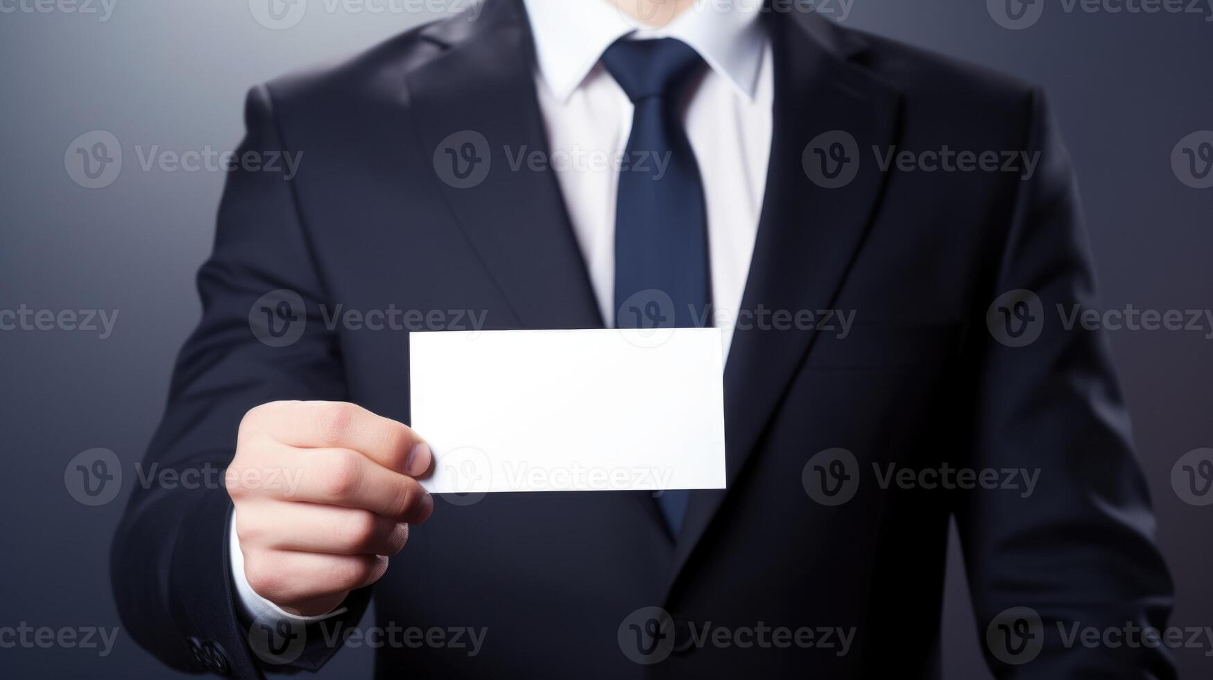 man in suit holding business name card, ai photo