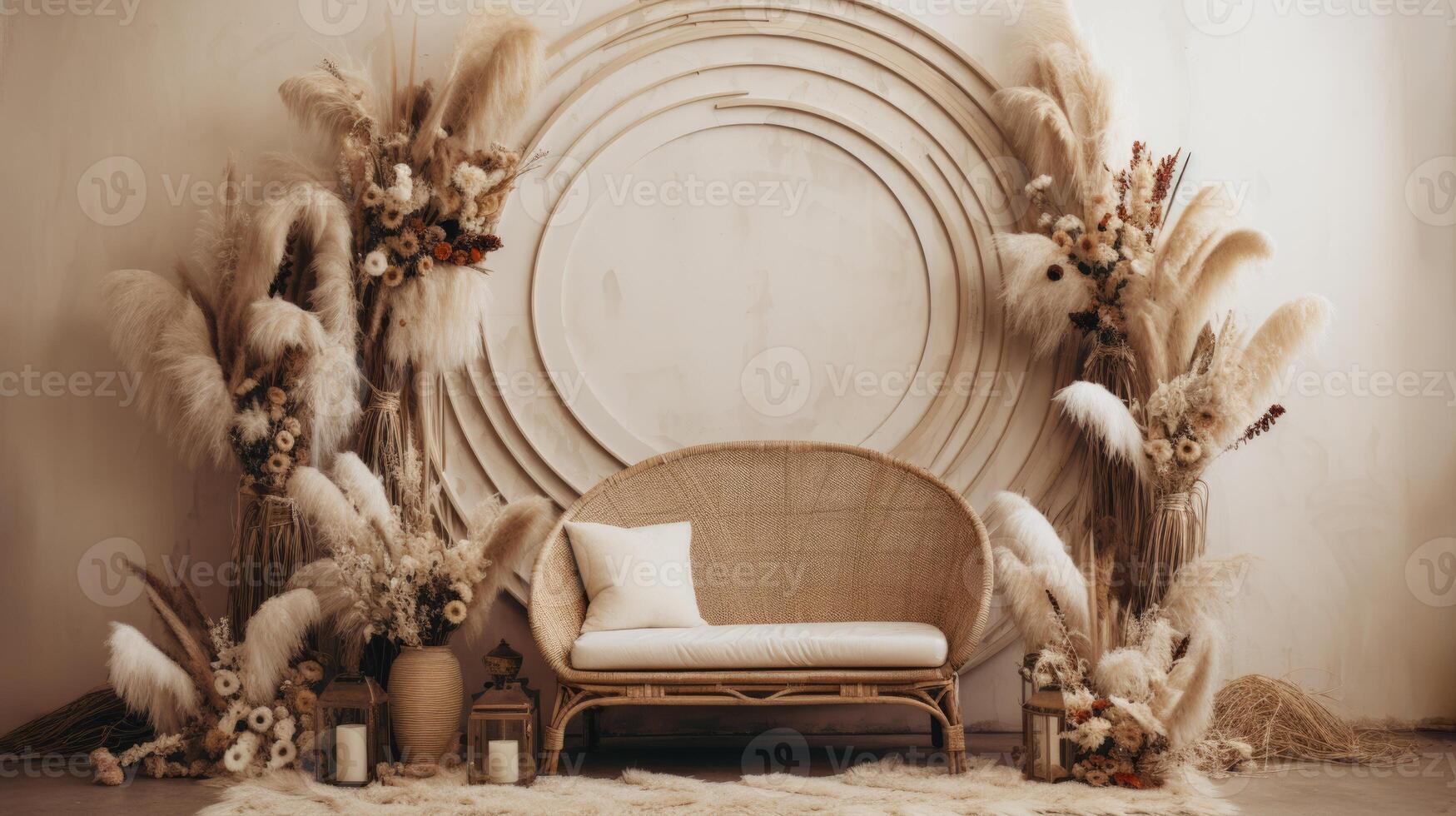 boho wedding indoor macrame rug arch room, ai photo