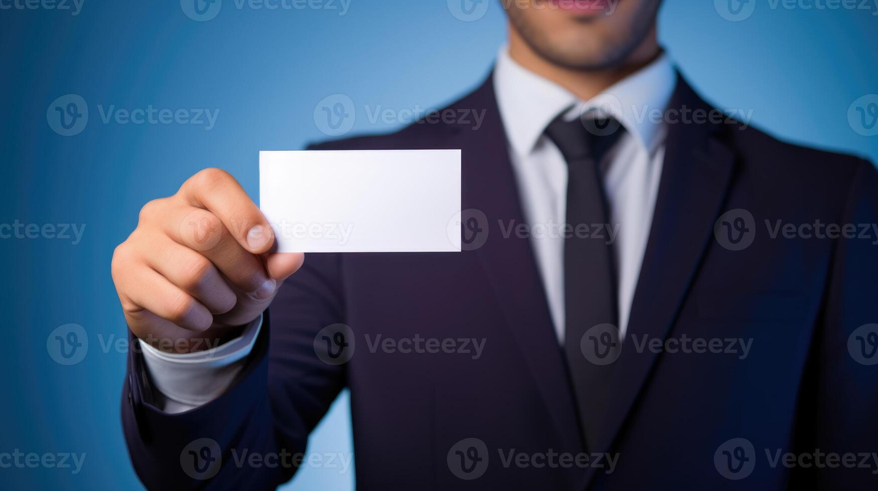 man in suit holding business name card, ai photo