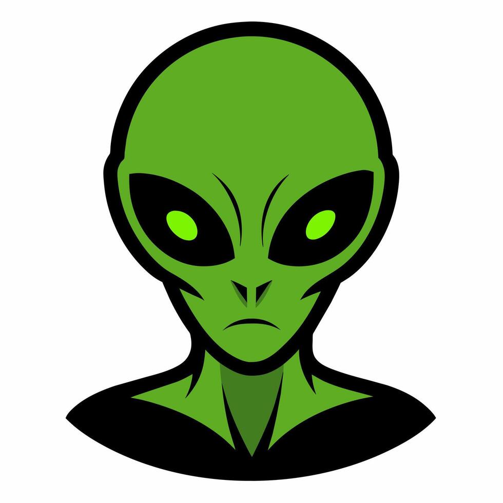 Green alien head with large eyes isolated on white background. Portrait of a humanoid in a cartoon style. Concept of extraterrestrial, sci-fi design, space being. Graphic art vector