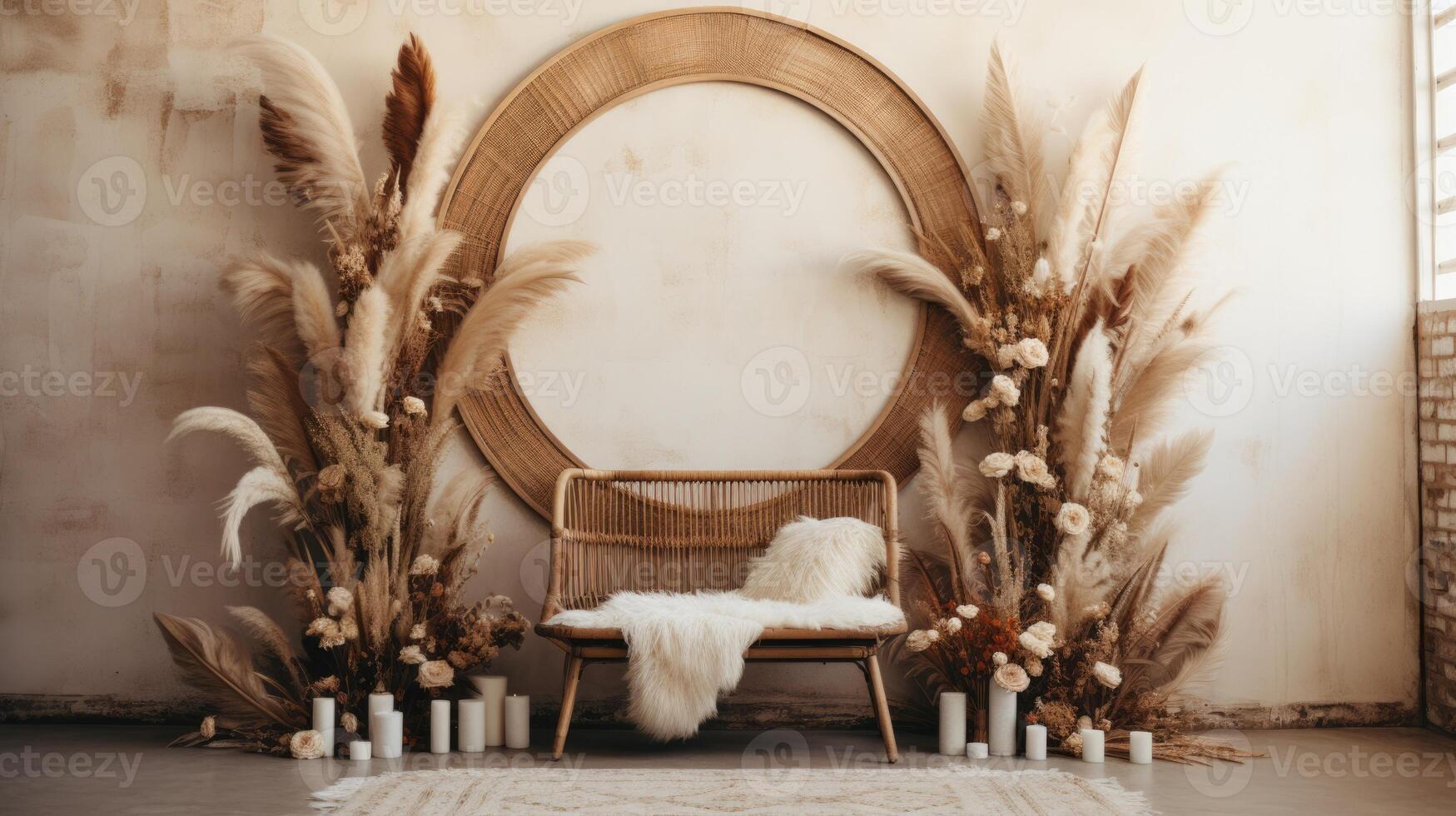 boho wedding indoor macrame rug arch room, ai photo