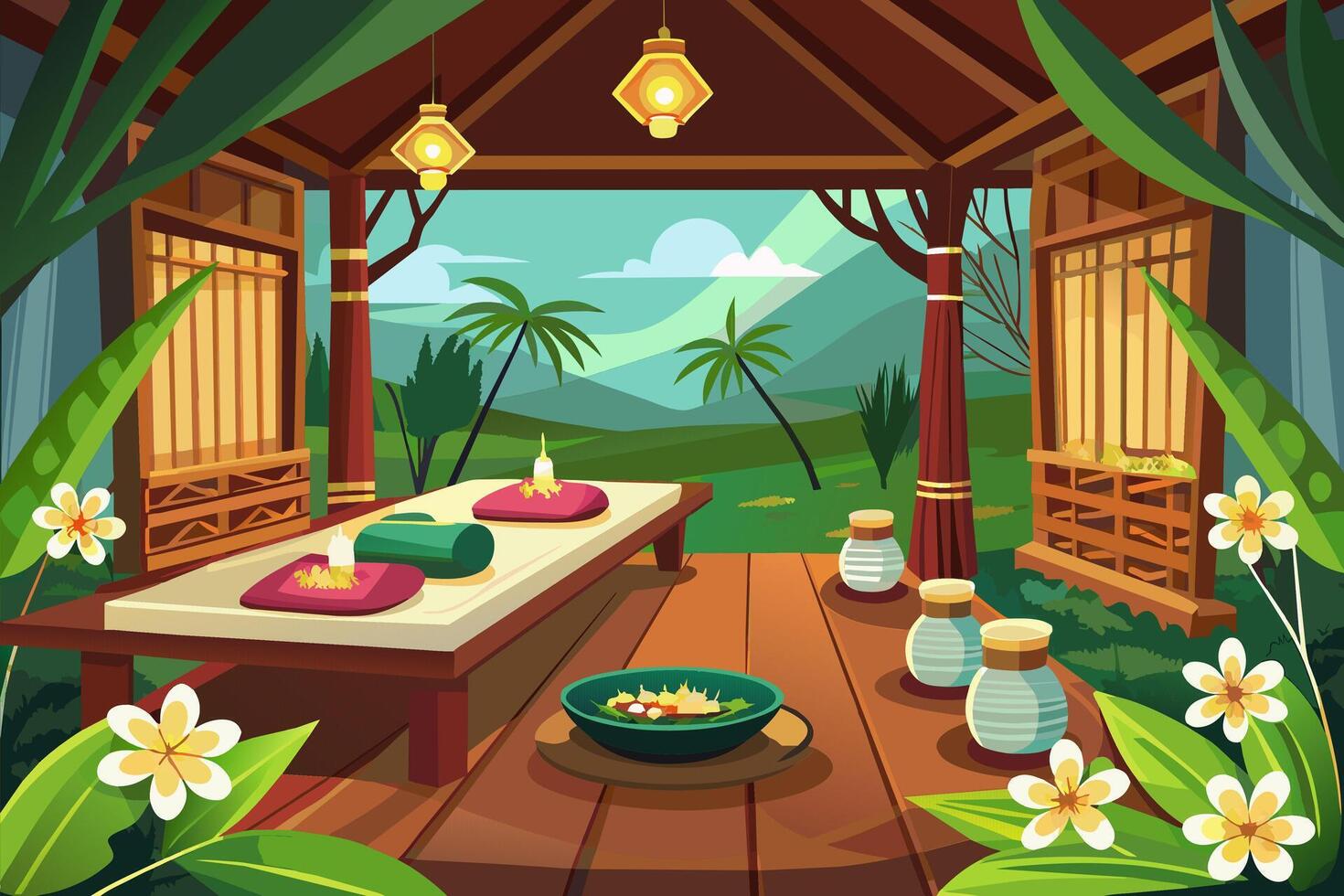 Empty Thai spa treatment room. Spa interior. Concept of relaxation, massage room, wellness, tranquility, indulgence. Graphic illustration. Print, textile, design element vector