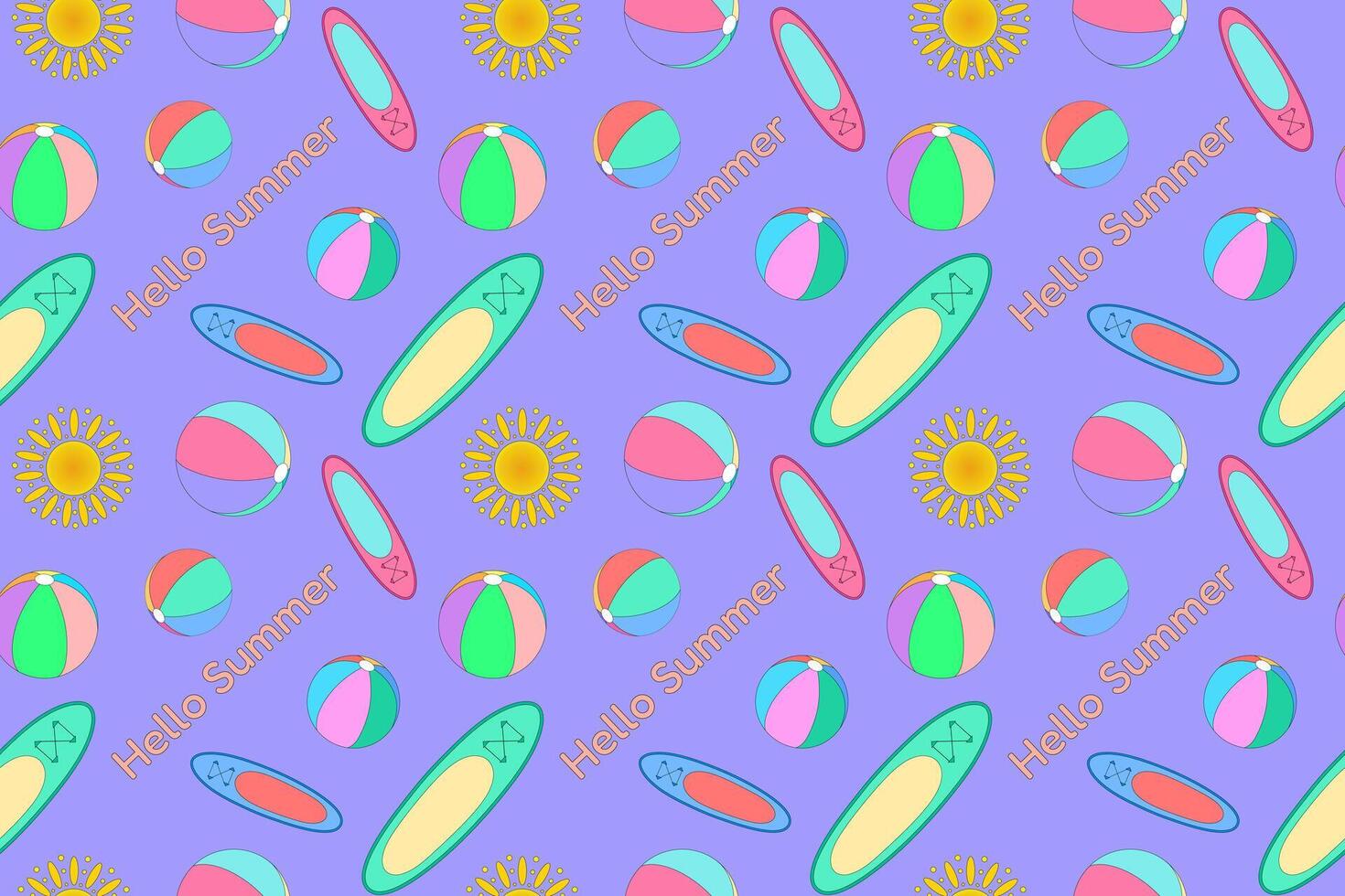 Sun, beach balls and surfboards on purple background. The inscription Hello Summer. Summertime. seamless colorful pattern. vector