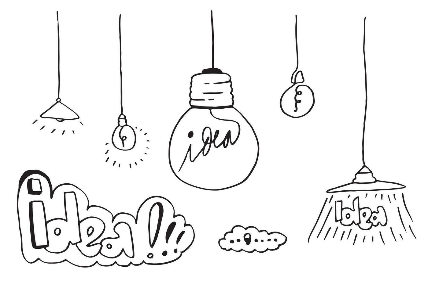Hand drawn light bulb icons with concept of idea. Doodle style. vector