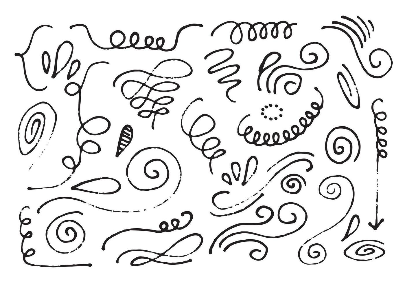 Hand drawn sketchy Doodle cartoon set of curls and swirls decorative elements for concept design vector