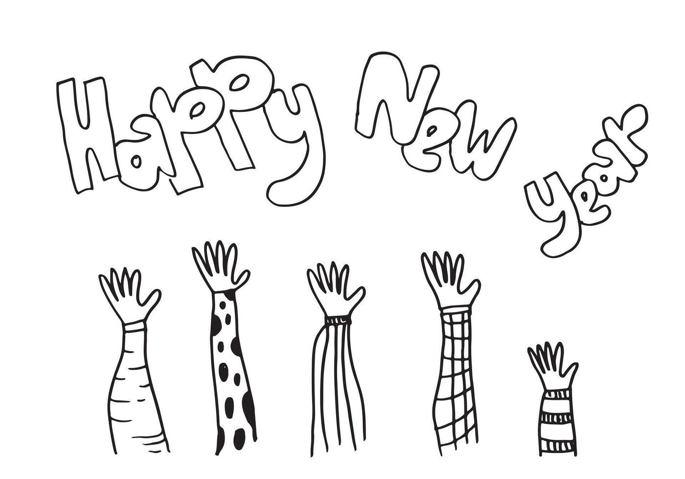 Happy new Year Design Hand Drawn. Doodle illustration.Happy new year script text hand lettering with applause. Design template Celebration typography poster. vector