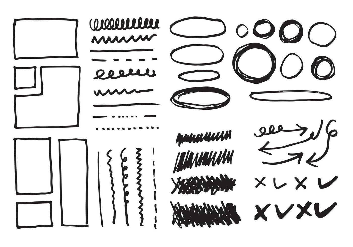 Doodle lines and curves.Hand drawn check and arrows signs. Set of simple doodle lines, curves, frames and spots. Collection of pencil effects. Doodle border. Simple doodle set. vector