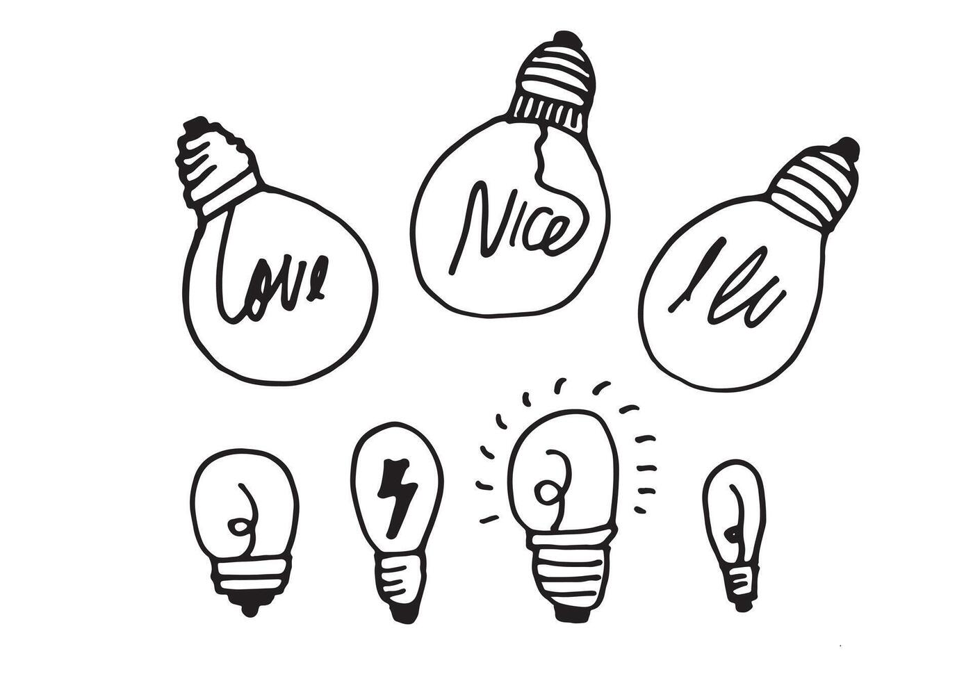 Hand drawn light bulb icons with concept of idea. Doodle style. vector
