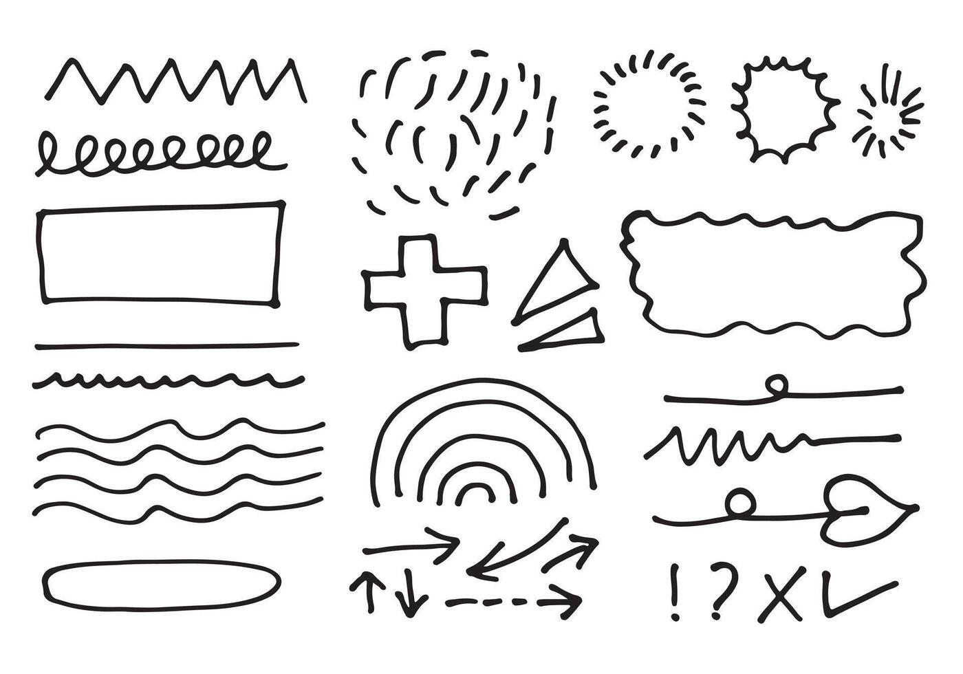 Various sketchy Doodle Arrows, Direction pointers Shapes and Objects. Abstract vector