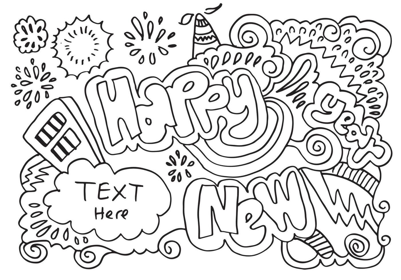 Happy new Year Design Hand Drawn. Doodle illustration.Happy new year script text hand lettering with firework. Design template Celebration typography poster. vector