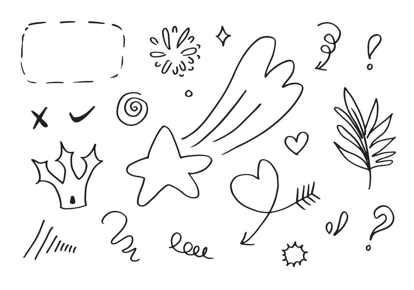 Hand drawn set elements, black on white background. Arrow, heart, love, star, leaf, sun, light, crown,check mark, emphasis ,swirl, for concept design. vector