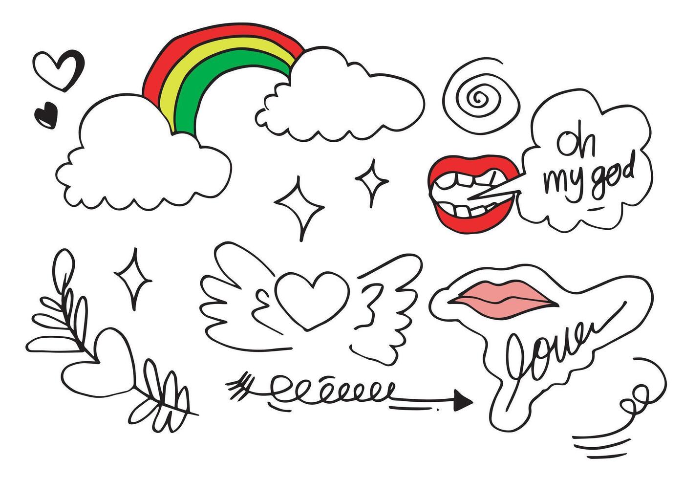 Hand drawn set elements, black on white background. cloud,rainbow, mouth with oh my god text, heart, love, swoops, emphasis ,swirl, for concept design. vector