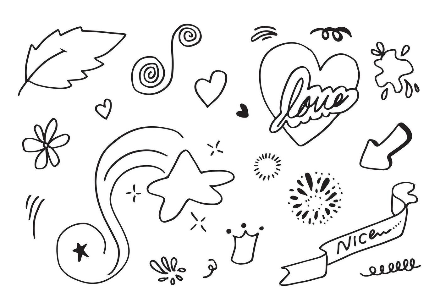 Hand drawn set elements, black on white background. Arrow, heart, love, star, leaf, sun, light, flower,Swishes, swoops, emphasis ,swirl, for concept design. vector