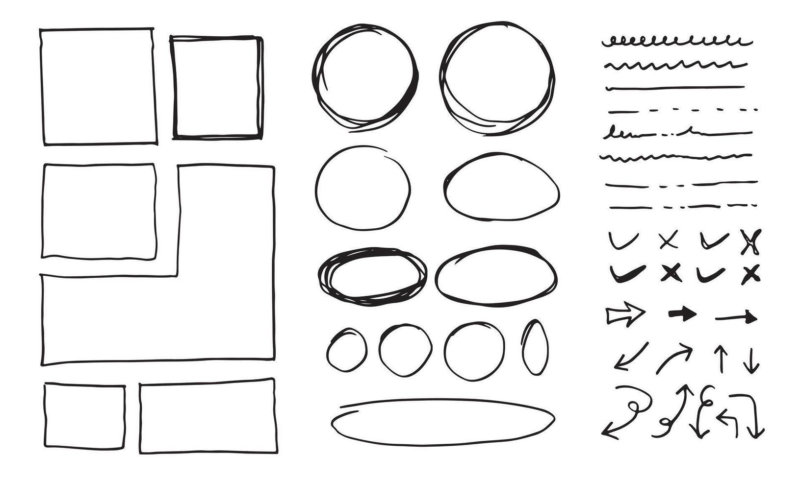 Doodle lines and curves.Hand drawn check and arrows signs. Set of simple doodle lines, curves, frames and spots. Collection of pencil effects. Doodle border. Simple doodle set. vector