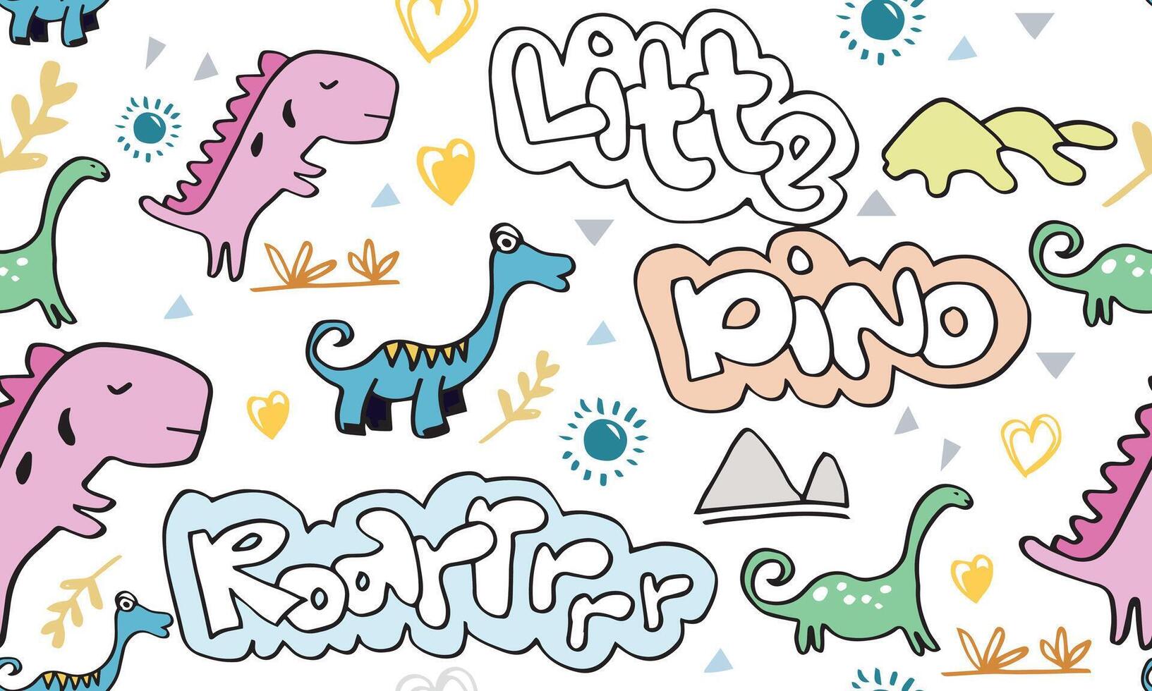 Childish seamless pattern with hand drawn funny dinosaurs for fabric, textile, fashion clothes, t shirts. hand drawn with lettering. vector