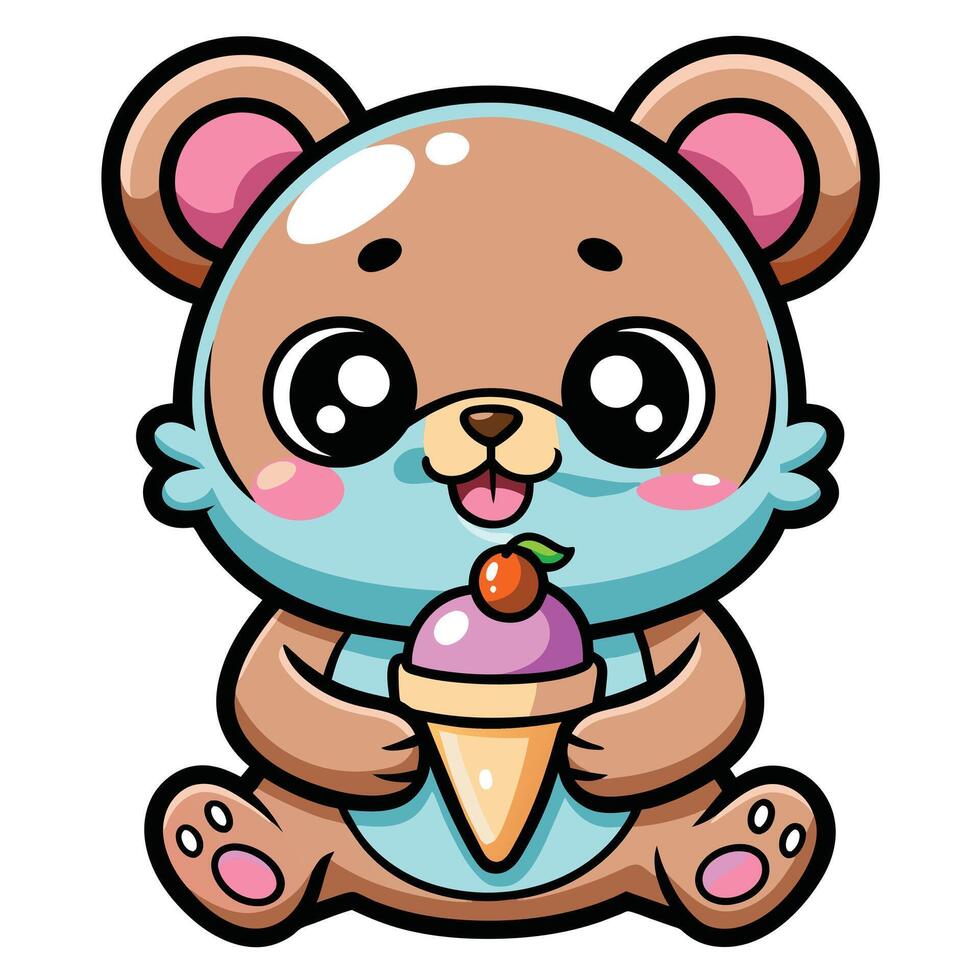 a cute kawaii bear eating ice cream, with clean black outlines, white background vector