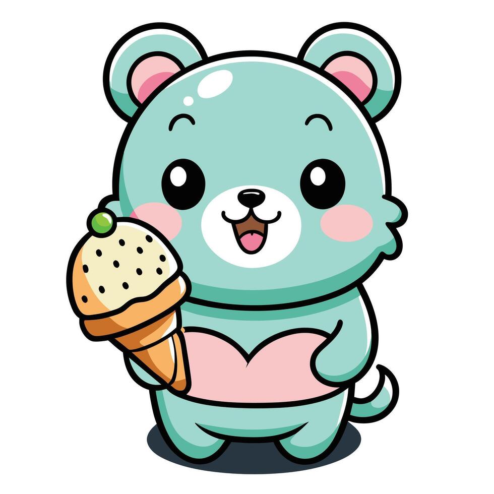 un linda kawaii oso comiendo hielo crema, con limpiar negro contornos, blanco antecedentes vector