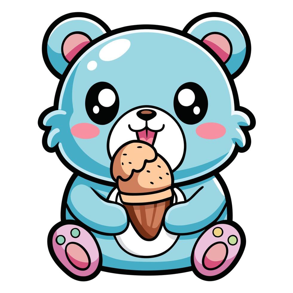 a cute kawaii bear eating ice cream, with clean black outlines, white background vector