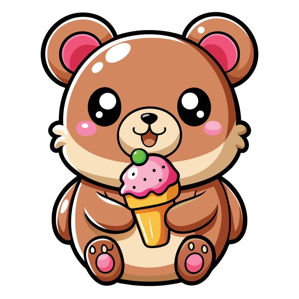 a cute kawaii bear eating ice cream, with clean black outlines, white background vector