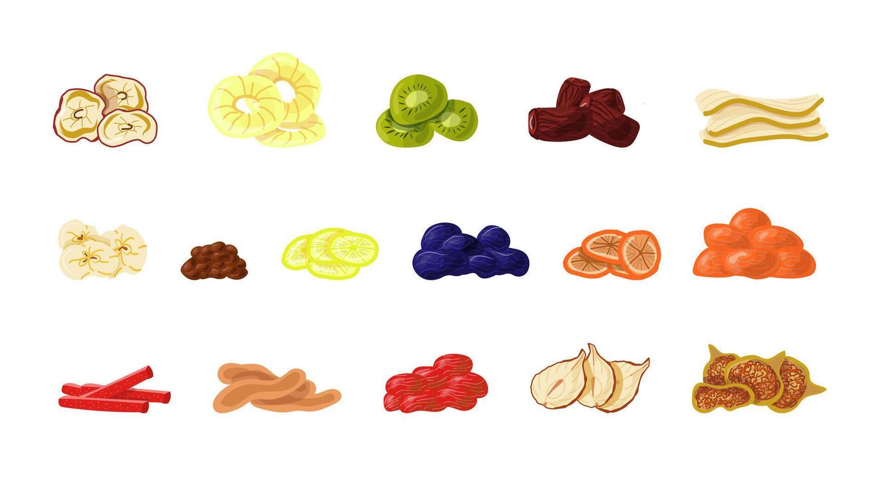 Set of illustrations of dried fruits in a flat cartoon style vector