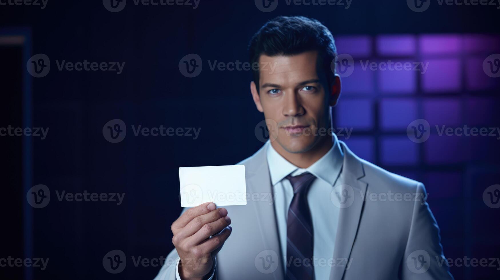 man in suit holding business name card, ai photo