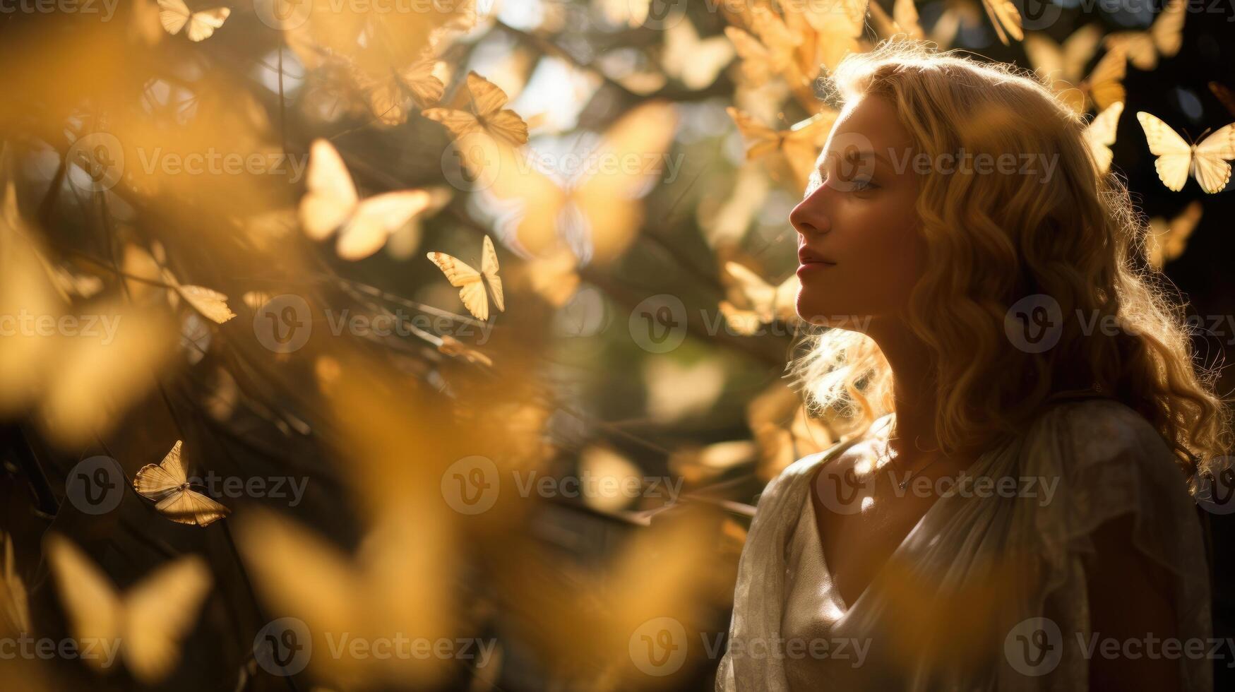 joyful female model in forest autumn, ai photo