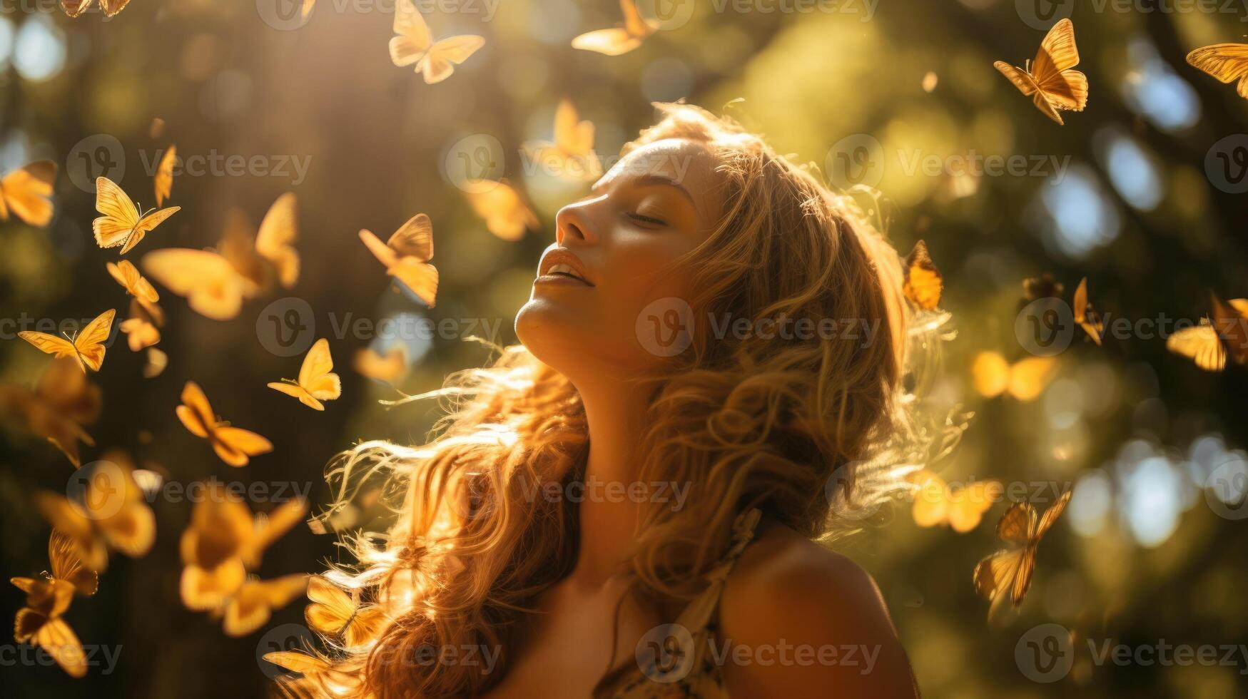 joyful female model in forest autumn, ai photo
