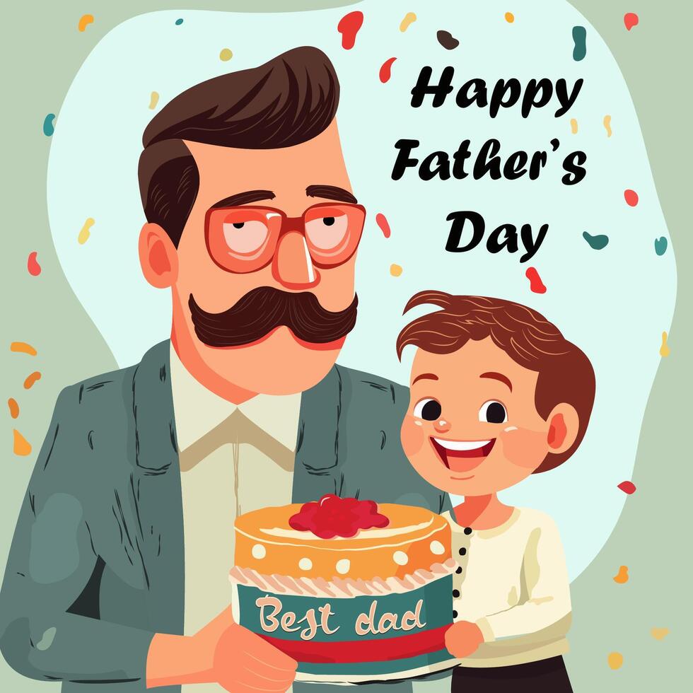 The son congratulates his dad on Father's Day. Dad with a mustache stands next to his little son, holding a cake, laughing vector