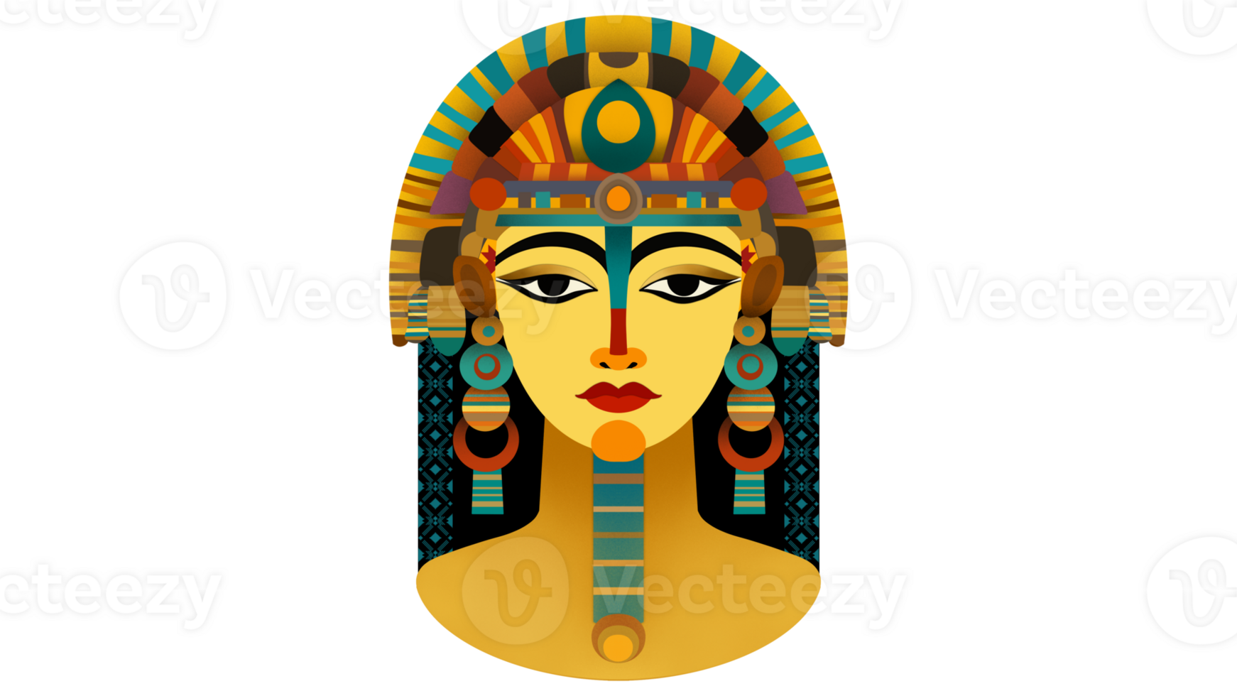 Female pharaoh from ancient Egypt with golden facial paint and traditional Egyptian eye, Amun Ra Egyptian pharaoh god drawing painting art, Horizontal background with Ancient Egyptian Colorful png
