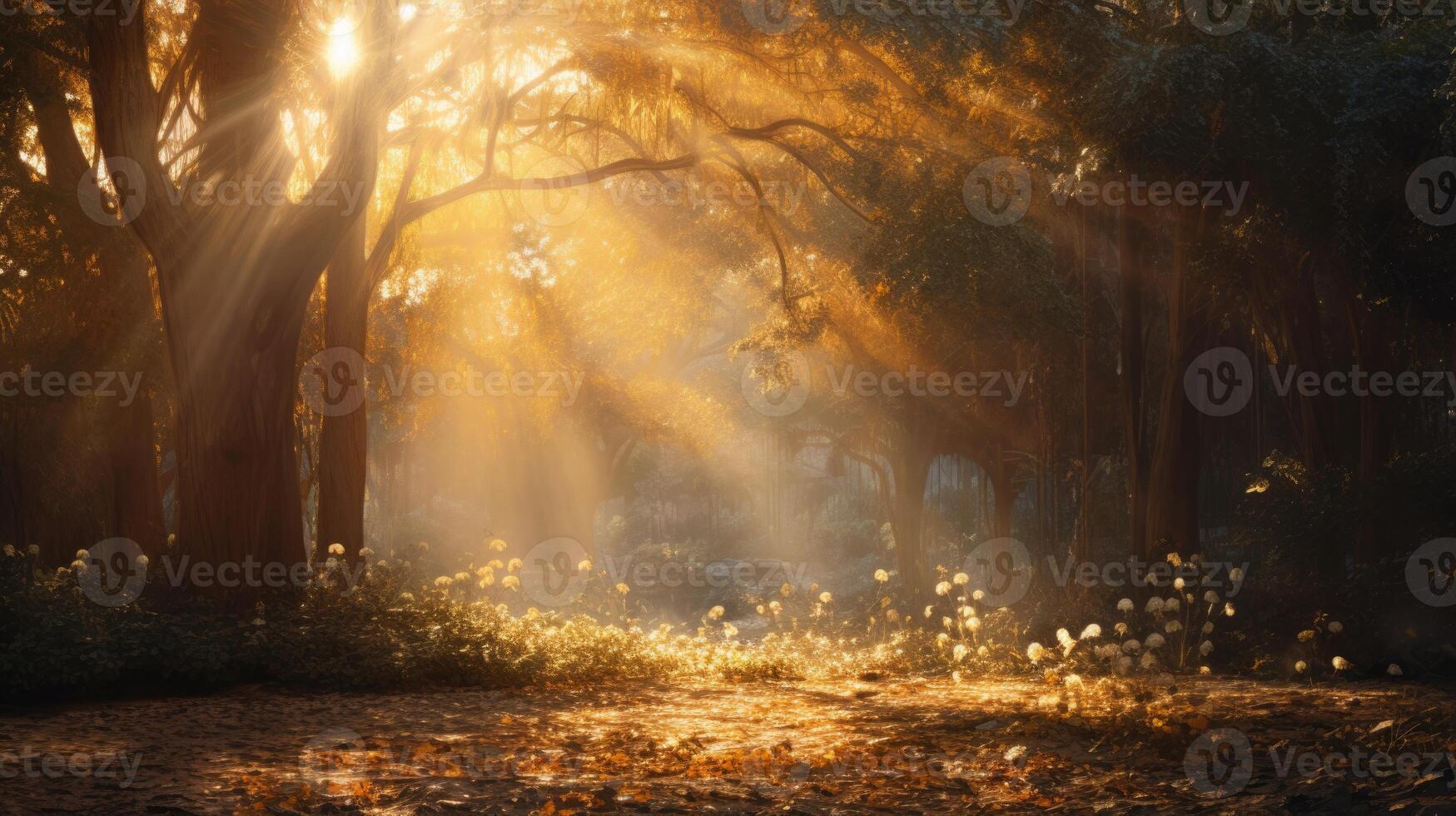 forest trees autumn foggy morning mist, ai photo