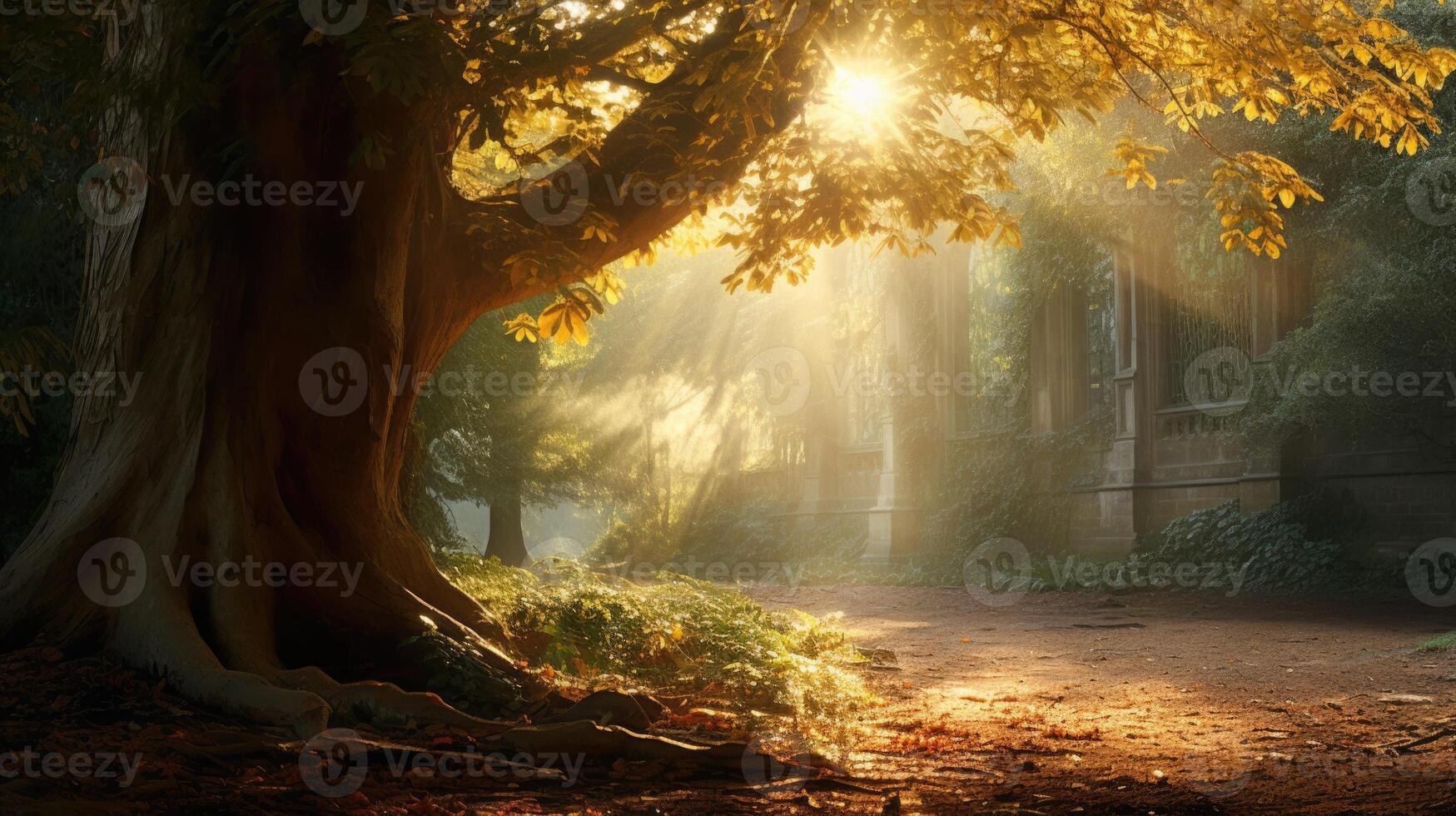 forest trees autumn foggy morning mist, ai photo