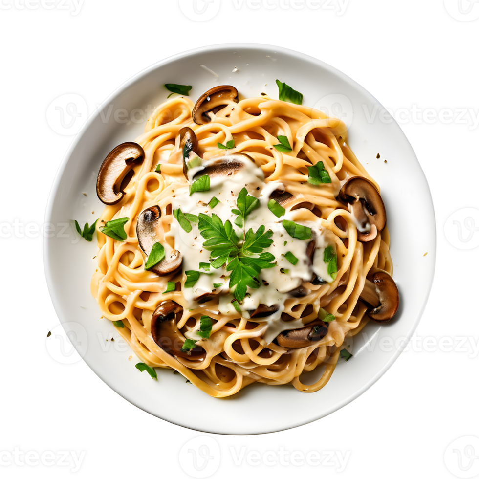 Creamy Mushroom Pasta Top View Isolated on Transparent Background png
